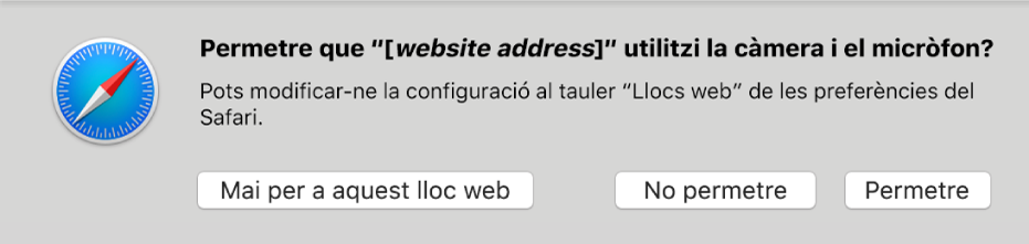 Un quadre de diàleg amb les opcions per compartir la càmera i el micròfon del Mac amb un lloc web.