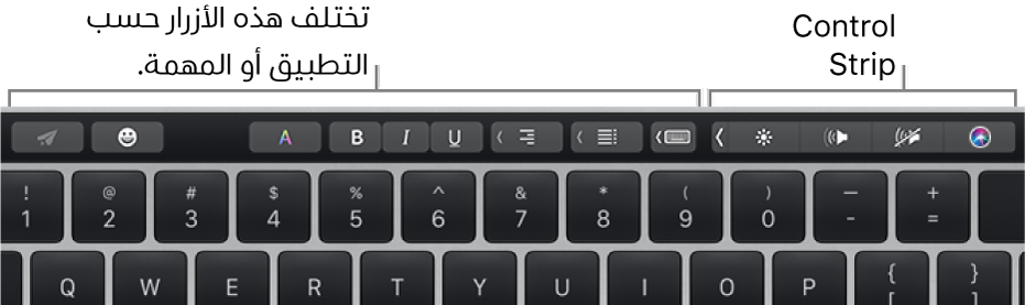 الـ Touch Bar وعليه أزرار تختلف حسب التطبيق أو المهمة على اليسار والـ Control Strip المطوي على اليمين.