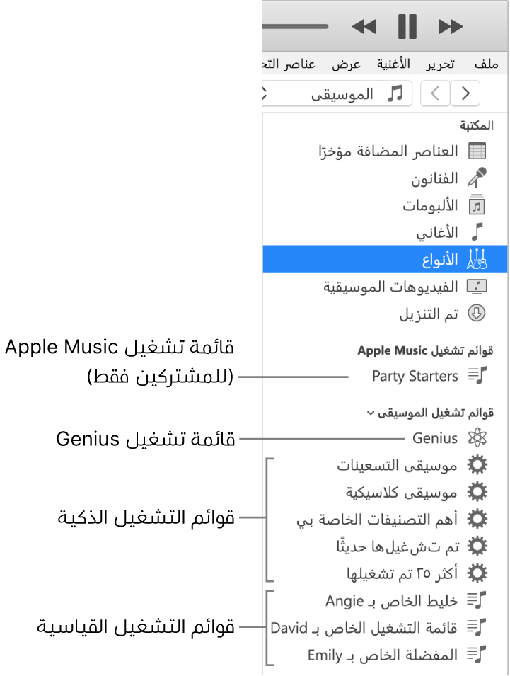 يعرض الشريط الجانبي لـ iTunes أنواعًا متنوعة من قوائم التشغيل: Apple Music (المشتركون فقط) وقوائم تشغيل Genius وقوائم التشغيل الذكية والقياسية.