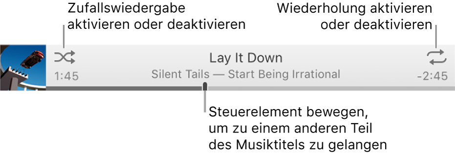 Das Banner mit dem laufenden Titel Die Schaltfläche „Zufällige Wiedergabe“ befindet sich oben links, die Schaltfläche „Wiederholen“ oben rechts. Ziehe das Navigationswerkzeug, um zu einer bestimmten Stelle eines Titels zu gelangen.