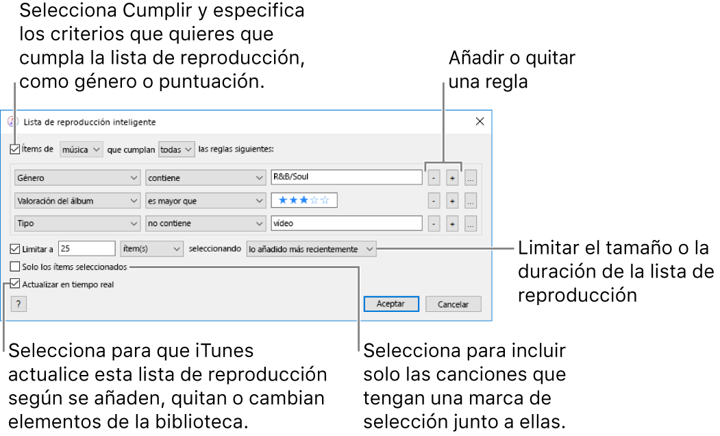La ventana de “Lista de reproducción inteligente”: en la esquina superior derecha, selecciona “Ítems de” y especifica los criterios de la lista (como el género o la valoración). Sigue añadiendo o eliminando reglas haciendo clic en los botones Añadir o Eliminar de la esquina superior derecha. Selecciona varias opciones en la parte inferior de la ventana, como limitar el tamaño o la duración de la lista, incluir solo canciones seleccionadas o hacer que iTunes actualice la lista a medida que cambian los ítems de la biblioteca.