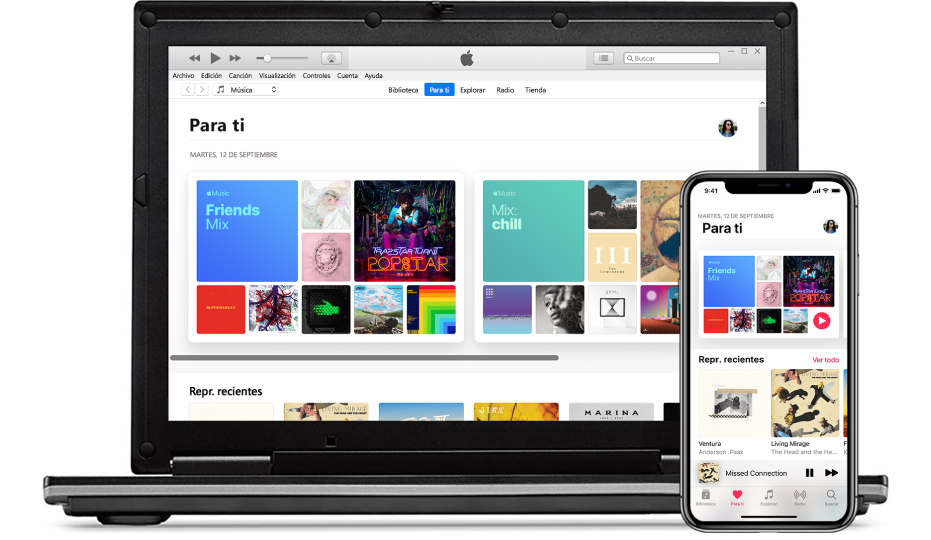 Un PC y un iPhone con Apple&nbsp;Music para ti.