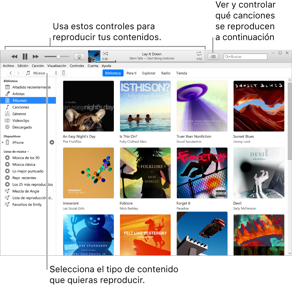 La ventana principal de la biblioteca de iTunes: en el navegador, selecciona el tipo de contenido que quieres reproducir (como Música). Usa los controles de la tira superior para reproducir el contenido, y el menú desplegable “A continuación” de la derecha para ver tu biblioteca de diversas maneras.
