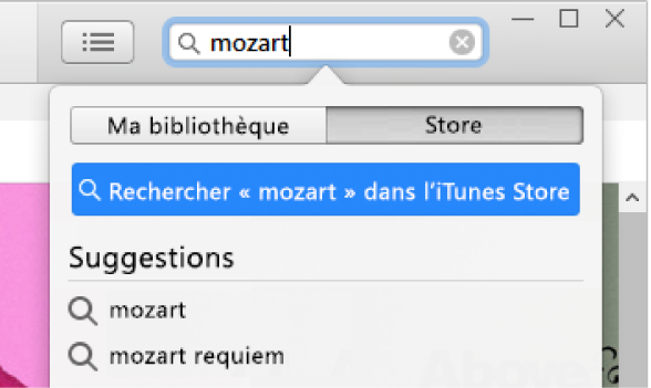 Le champ de recherche avec la requête « Mozart » saisie. Dans le menu local de l’emplacement, Store est sélectionné.