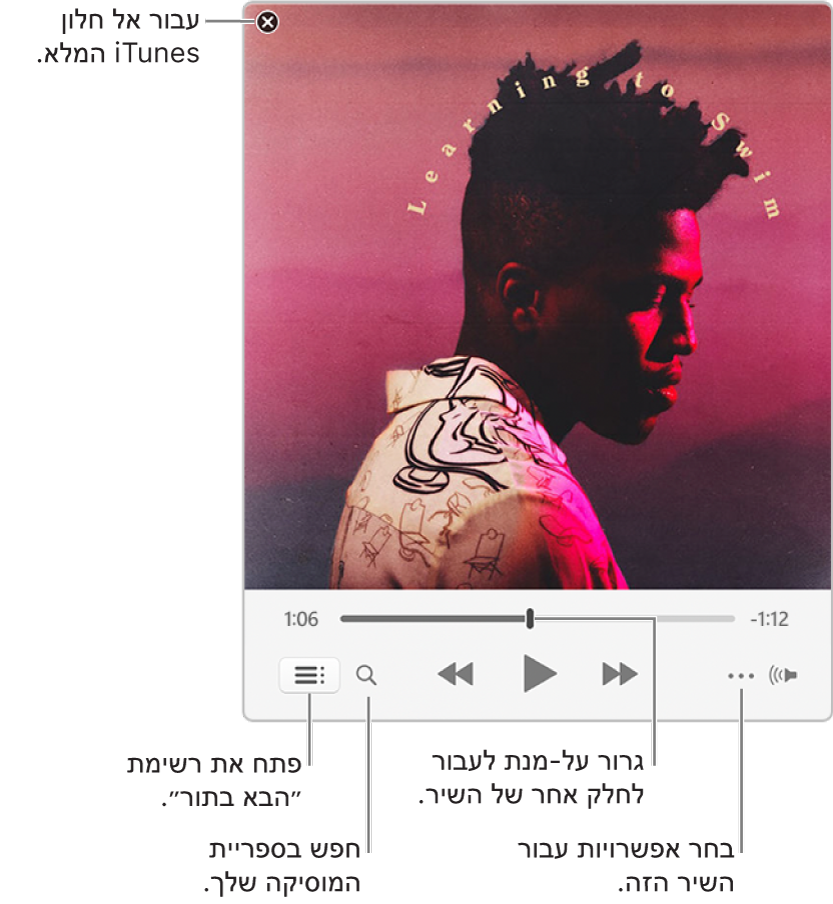 הנגן המוקטן במצבו המורחב, מציג את כלי הבקרה עבור השיר שמתנגן. בפינה הימנית העליונה מופיע לחצן הסגירה, המשמש למעבר אל חלון iTunes המלא. בתחתית החלון מופיע מחוון שניתן לגרור כדי לעבור אל חלק אחר של השיר. מתחת למחוון בצד שמאל מופיע הלחצן ״עוד״, שדרכו ניתן לבחור אפשרויות תצוגה ואפשרויות אחרות עבור השיר המתנגן. בקצה הימני מתחת למחוון מופיעים שני לחצנים – הזכוכית המגדלת לחיפוש בספריית המוסיקה, והרשימה ״הבא בתור״ כדי לראות מה הדבר הבא שיתנגן.