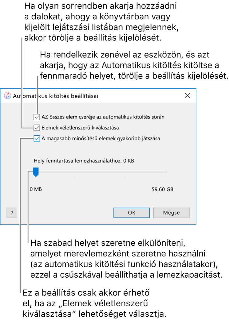 Az Automatikus kitöltés beállításai párbeszédpanel, melyen fentről lefelé négy lehetőség látható. Ha rendelkezik zenével az eszközén, és azt szeretné, hogy az Automatikus kitöltés kitöltse a fennmaradó helyet, akkor törölje az „Összes elem cseréje az Automatikus kitöltés során” lehetőség bejelölését. Ha olyan sorrendben szeretné hozzáadni a zeneszámokat, ahogy azok a könyvtárában vagy a kijelölt lejátszási listán megjelennek, akkor törölje a „Elemek véletlenszerű kiválasztása” lehetőség bejelölését. A következő lehetőség, „A magasabb minősítésű elemek gyakoribb kiválasztása” csak akkor érhető el, ha be van jelölve az „Elemek véletlenszerű kiválasztása” lehetőség. Ha merevlemezként használni kívánt területet szeretne félretenni, állítsa be a csúszkával a lemezkapacitást.