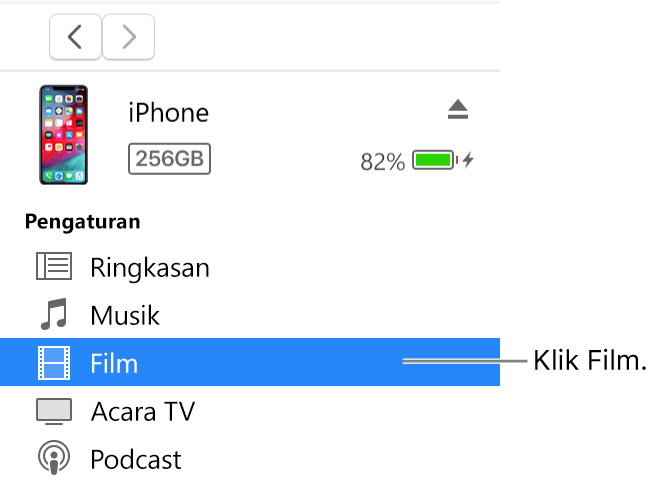 Tombol Perangkat, dengan Film dipilih di bar samping sebelah kiri.