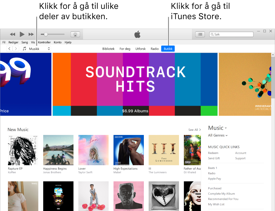 Hovedvinduet i iTunes Store: I navigeringslinjen er Butikk uthevet. Øverst til venstre velger du forskjellige typer innhold du vil se i butikken (for eksempel Musikk eller TV-programmer).