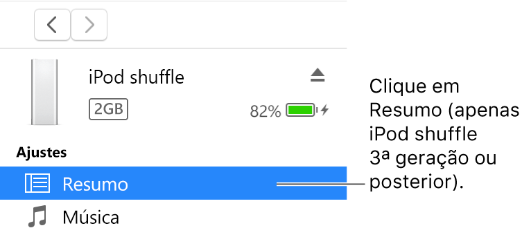Janela Dispositivo, com Resumo selecionado na barra lateral à esquerda.