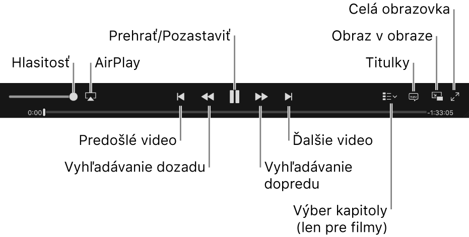 Ovládacie prvky videa: Hlasitosť, AirPlay, Predošlé video, Vyhľadávanie dozadu, Prehrať/Pozastaviť, Vyhľadávanie dopredu, Ďalšie video, Výber kapitoly (len pre filmy), Titulky, Obraz v obraze a Celá obrazovka.