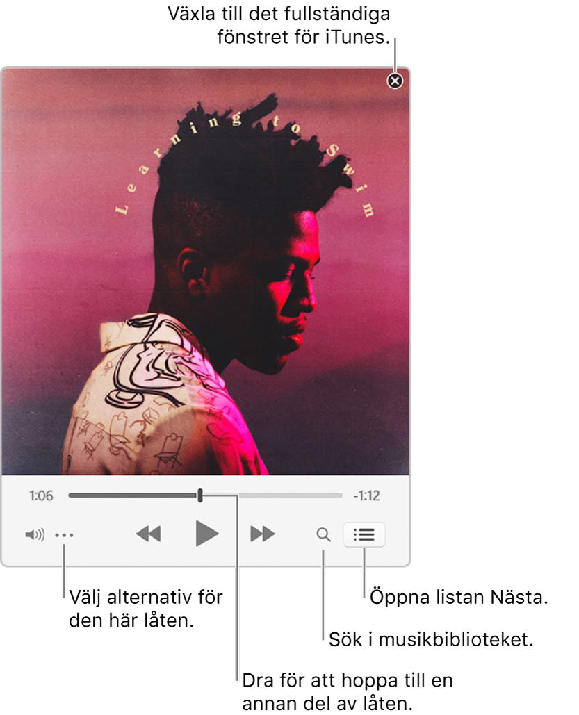 Den expanderade minispelaren som visar reglage för låten som spelas. I det övre högra hörnet finns stängningsknappen som du använder när du vill växla över till det fullstora iTunes-fönstret. Längst ned i fönstret finns ett reglage. Dra i det om du vill gå till en annan del av låten. Till vänster under reglaget finns merknappen där du kan välja visningsalternativ och andra alternativ för den låt som spelas. Längst till höger under reglaget finns två knappar – förstoringsglaset för att söka i musikbiblioteket och listan Nästa där du kan se vad som kommer att spelas härnäst.