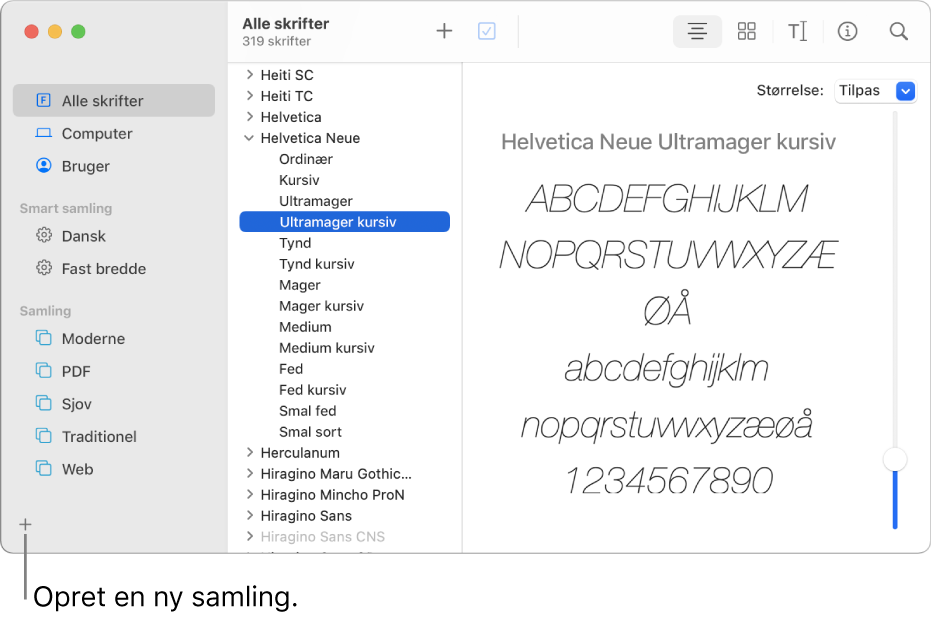 Vinduet Skriftbog med knappen Tilføj nederst til venstre, der opretter en ny samling.