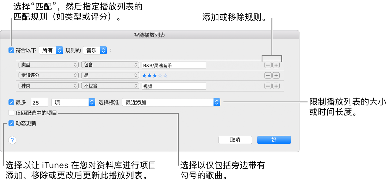 智能播放列表窗口:在左上角中,选择“匹配”,然后指定播放列表的匹配标准(如类型或评分)。通过点按右上角的“添加”或“移除”按钮来继续添加或移除规则。在窗口的下半部分中选择多个选项,如限制播放列表的大小或持续时间、包括仅勾选的歌曲或者让 iTunes 随资料库中项目的变化而更新播放列表。