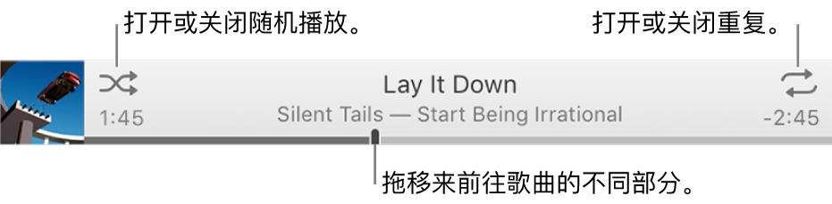 横幅中一首歌曲正在播放。“随机播放”按钮位于左上角;“重复”按钮位于右上角。拖移滑动条以前往歌曲的其他部分。