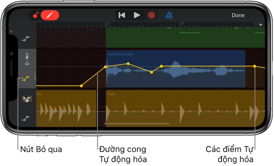 Hình ảnh. Nút tự động hóa rãnh, hiển thị đường cong tự động hóa, các điểm tự động hóa và Bỏ qua.
