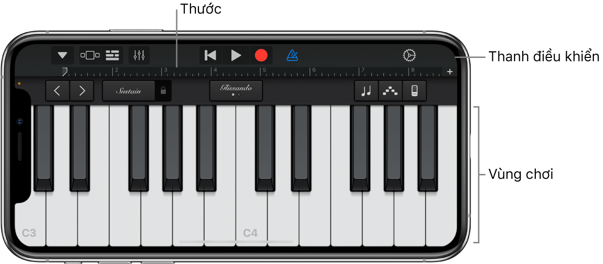 Nhạc cụ cảm ứng hiển thị khu vực chơi