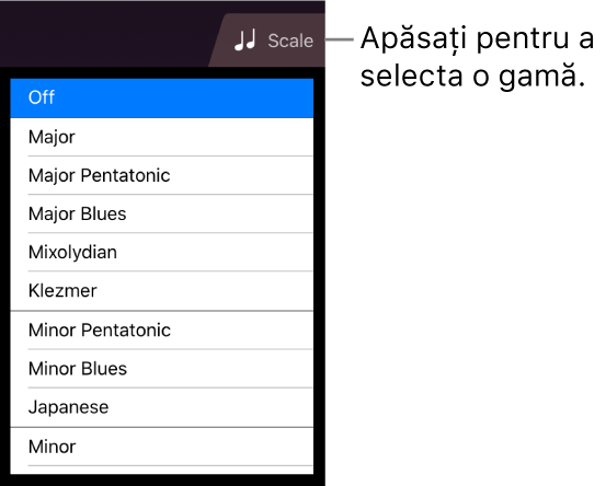 Buton Gamă coarde și listă gamă