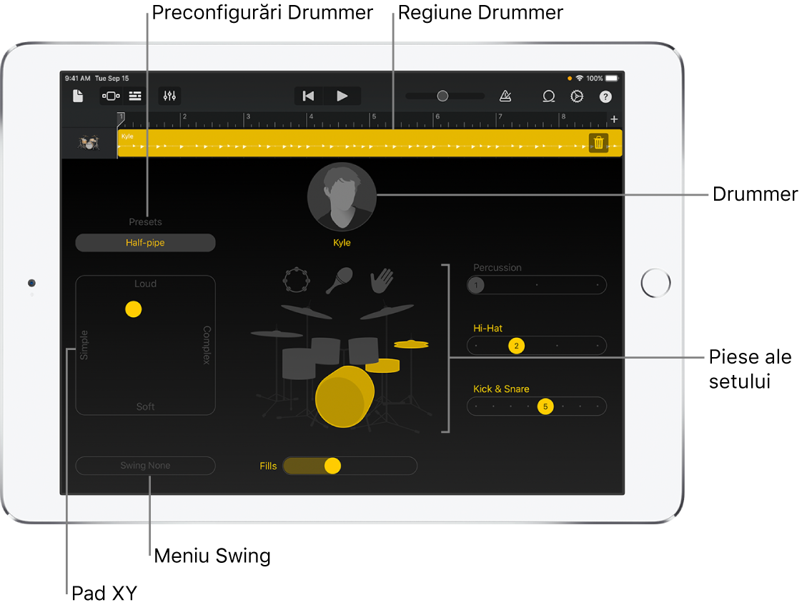 Drummer cu explicațiile zonelor importante ale interfeței