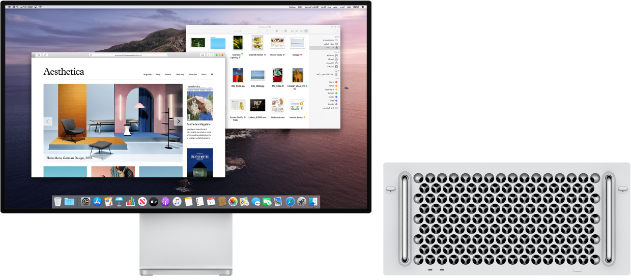 كمبيوتر Mac Pro وشاشة Pro Display XDR جنبًا إلى جنب.
