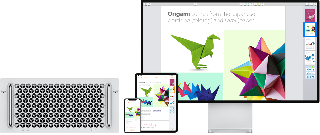 محتوى متماثل معروض على Mac Pro وiPad وiPhone.