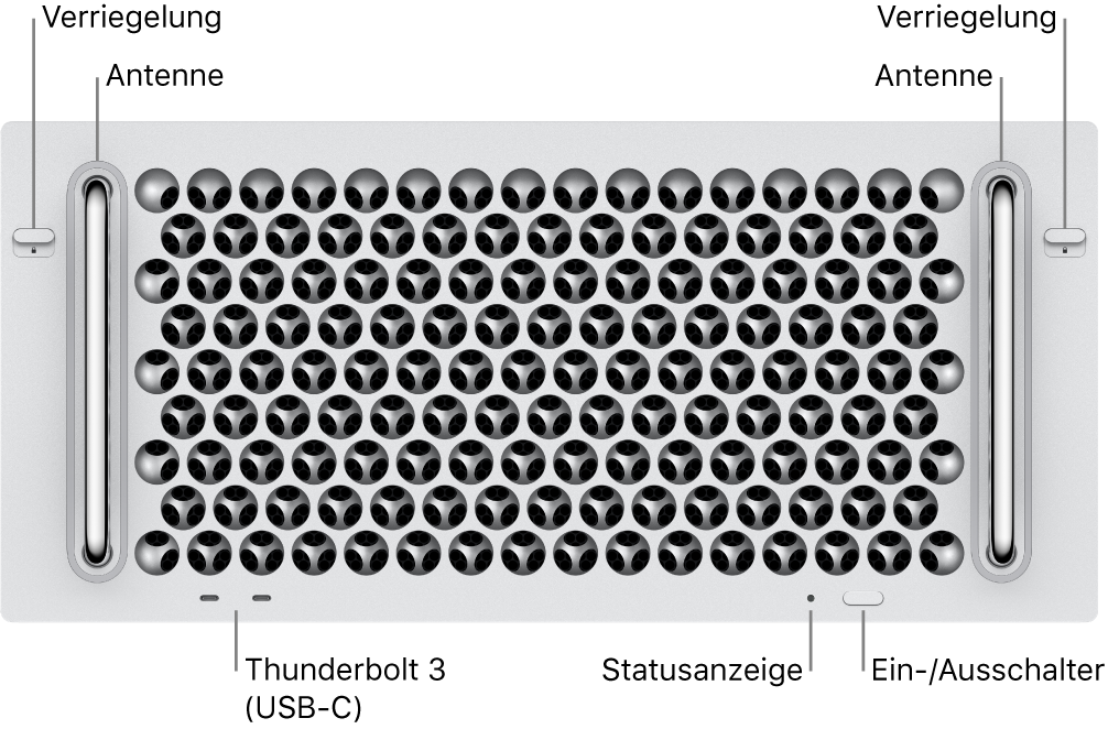 Die Vorderseite des Mac Pro mit zwei Thunderbolt 3-Anschlüssen (USB-C), einer Betriebsanzeige einem Ein-/Ausschalter und einer Antenne.