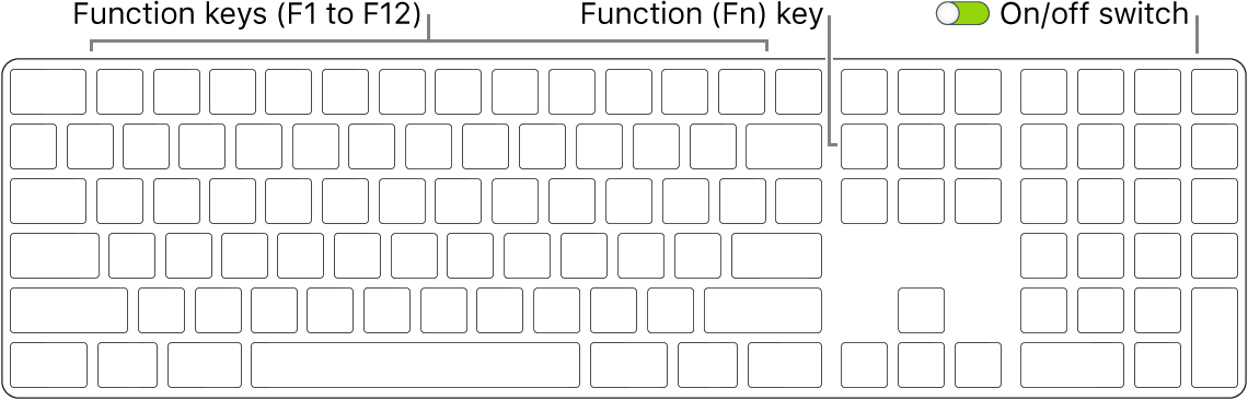 Magic Keyboard showing the Function (Fn) key in the bottom-left corner and the on/off switch in the upper-right corner of the keyboard.