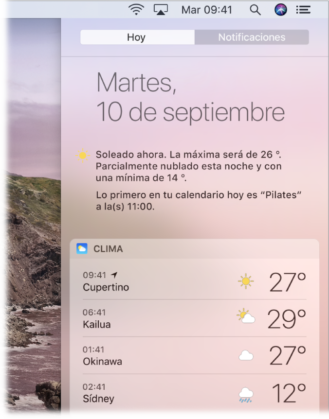 Una pantalla mostrando una parte del escritorio con el centro de notificaciones abierto y la pestaña Hoy seleccionada.