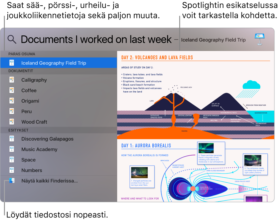 Spotlight-ikkuna, jossa näkyy hakutuloksia vasemmalla ja esikatselu oikealla.