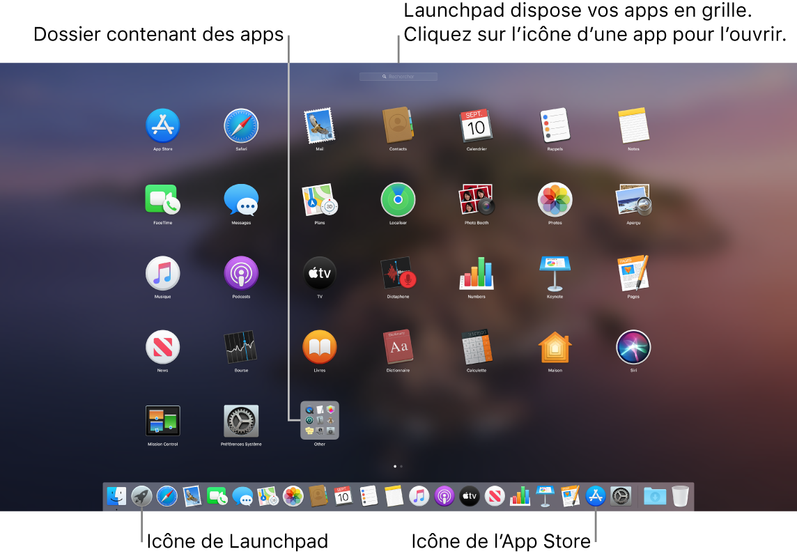 L’écran du Mac avec Launchpad ouvert, affichant un dossier d’apps dans Launchpad, et les icônes Launchpad et App Store dans le Dock.