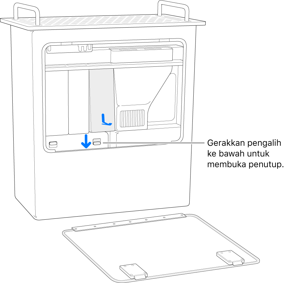 Mac Pro berdiri dengan bertumpu di bagian ujung, menyoroti pengalih yang membuka penutup DIMM.