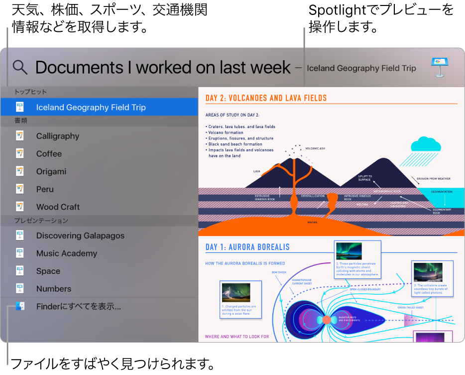 Spotlightウインドウ。左側に検索結果、右側にプレビューが表示されています。