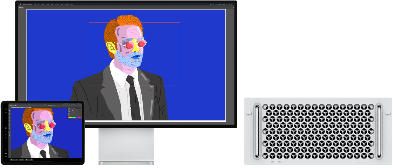 옆으로 나란히 놓여 있는 Mac Pro와 iPad. Illustrator의 내비게이터 윈도우 내 아트워크를 표시하는 Mac Pro. 도구 막대에 둘러싸인 Illustrator 문서 윈도우의 동일한 아트워크를 표시하는 iPad.