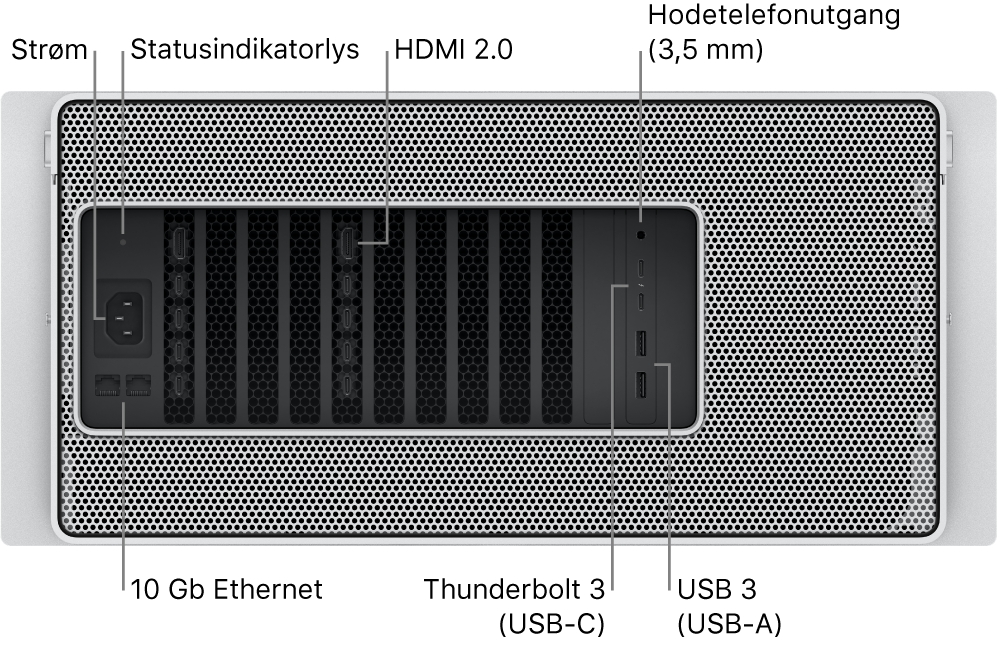 Baksiden av Mac Pro som viser strømporten, et statusindikatorlys, to HDMI 2.0-porter, 3,5 mm hodetelefoninngang, to 10 Gigabit Ethernet-porter, to Thunderbolt 3-porter (USB-C) og to USB-A-porter.