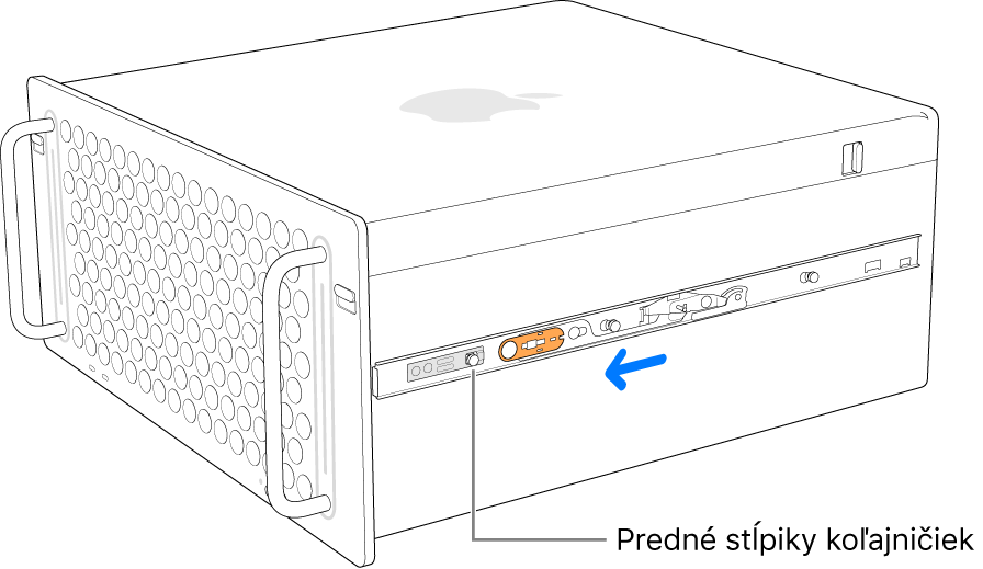 Mac Pro s koľajničkou vysunutou dopredu a uzamknutou na mieste.