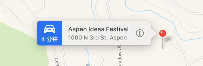 地图上用大头针固定的位置,横幅显示信息按钮和地址。