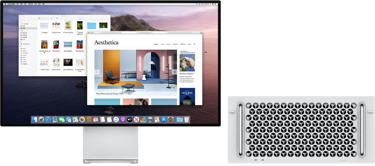 并排摆放的 Mac Pro 和 Pro Display XDR。