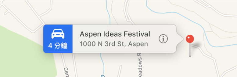 地圖上固定一位置,並有橫幅顯示資訊按鈕與地址。