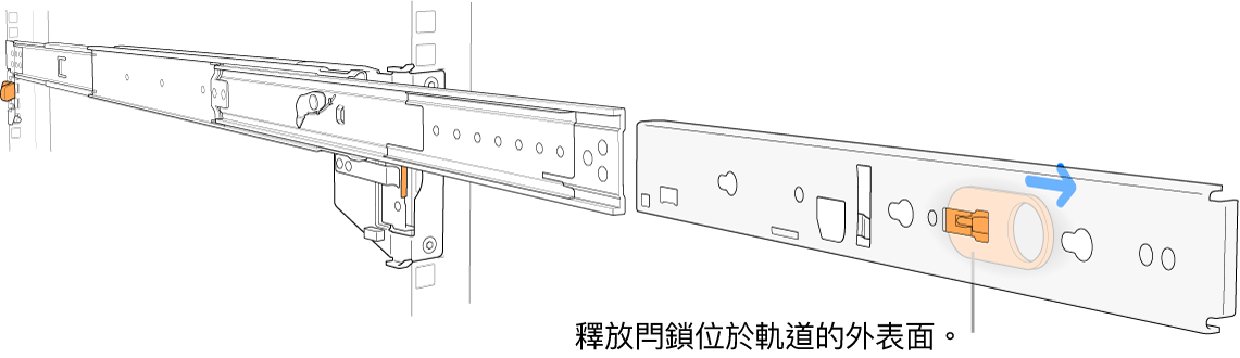延伸的軌道組件,強調軌道外表面上的釋放閂鎖。
