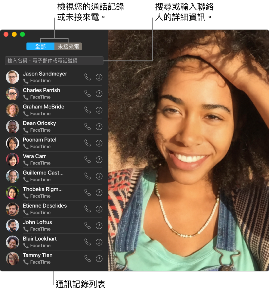 FaceTime 視窗,顯示如何撥打視訊或語音通話、使用搜尋欄位來輸入或搜尋聯絡人詳細資訊,並檢視最近通話記錄列表。