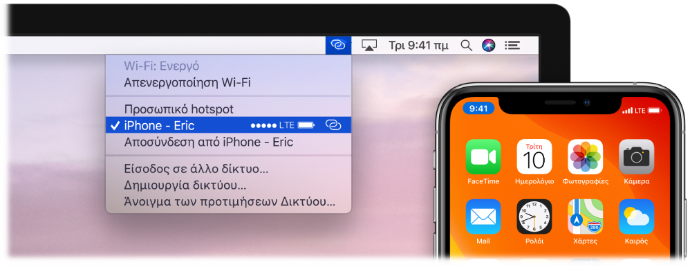 Μια οθόνη του Mac στην οποία το μενού Wi-Fi εμφανίζει ένα Προσωπικό hotspot συνδεδεμένο σε ένα iPhone.