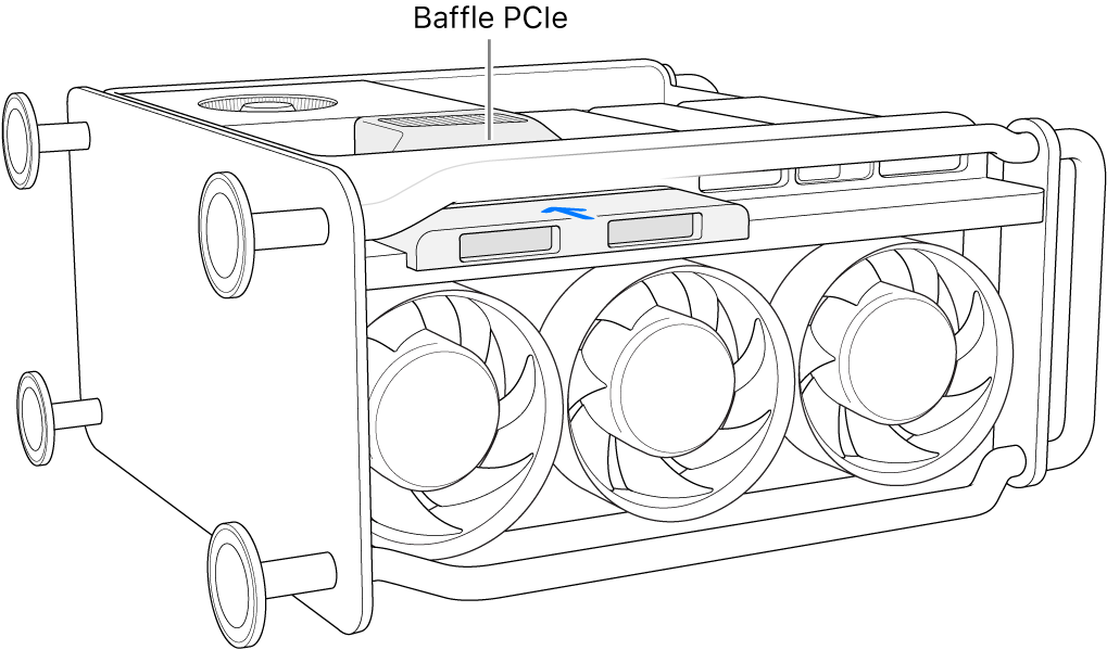Mac Pro sur le côté et montrant le baffle PCIe et le cache du SSD.