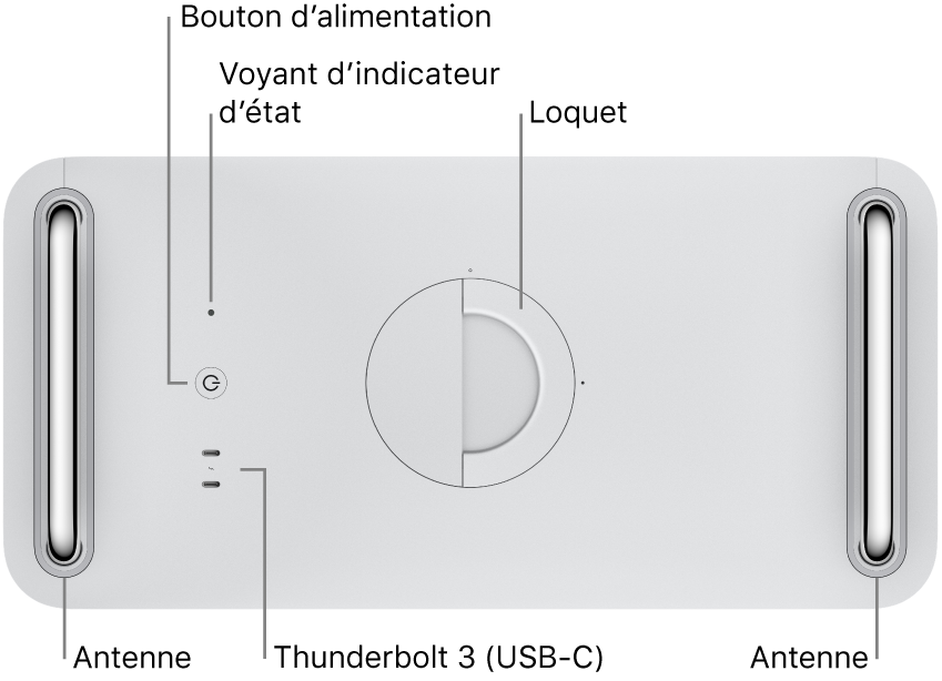 Le dessus du Mac Pro montrant le bouton d’alimentation, le voyant système, le loquet, l’antenne et deux ports Thunderbolt 3 (USB-C).