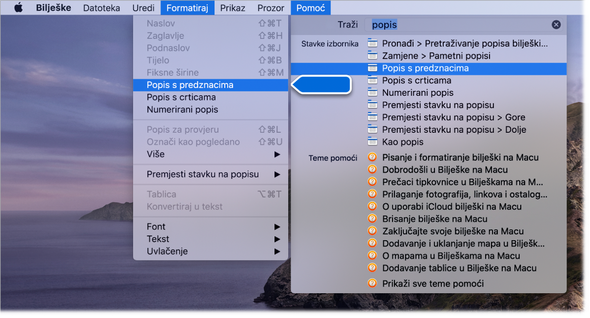 Izbornik Pomoć s prikazom rezultata pretraživanja za “popis” s naredbom Popis s predznacima istaknutom u popisu rezultata i u izborniku Format.