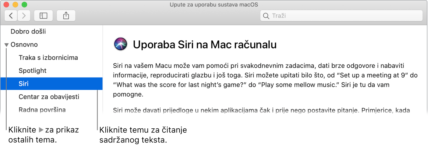 Preglednik pomoći prikazuje način za pregledavanje tema navedenih u rubnom stupcu i način prikaza sadržaja teme.