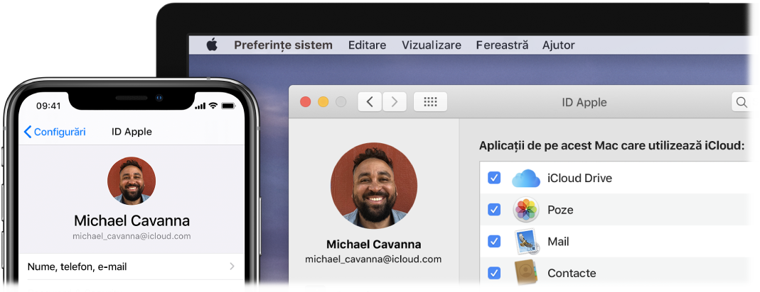Un iPhone care afișează configurările pentru iCloud și un ecran Mac care afișează fereastra iCloud.