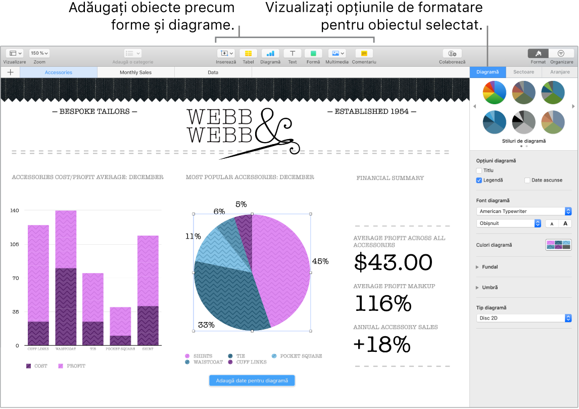 O fereastră Numbers cu explicații pentru categoriile de obiecte care pot fi adăugate și pentru opțiunile de formatare pentru obiecte.