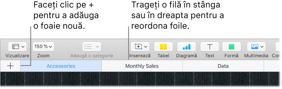 O fereastră Numbers afișând modul în care să adăugați o foaie nouă și cum să reordonați foile.
