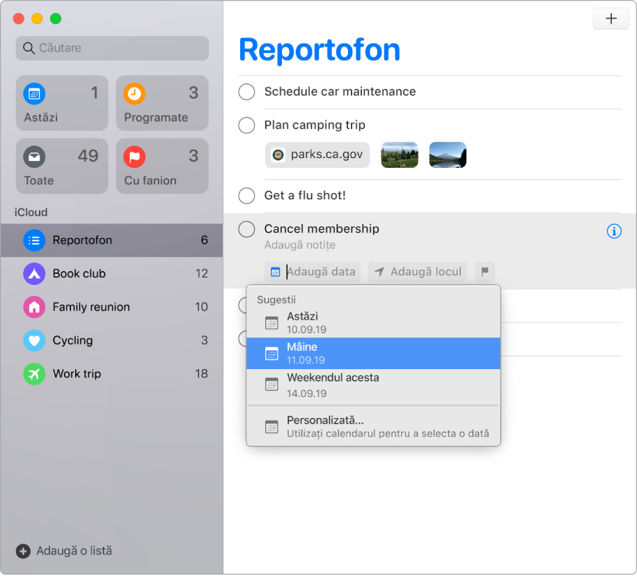 O fereastră Mementouri cu butoanele de editare vizibile pentru un memento. Cursorul este la Adaugă dată, creând un meniu cu sugestii pentru Azi, Mâine, Weekendul acesta și Personalizat.