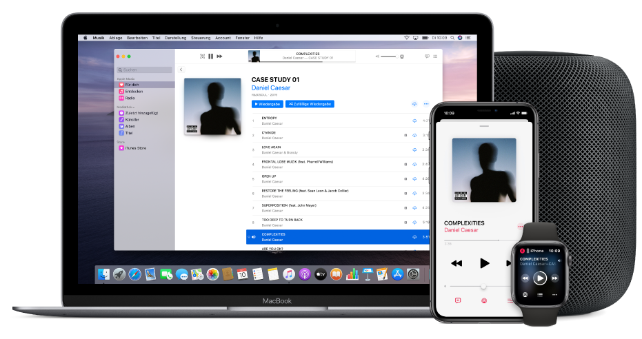 Ein Musiktitel, der auf einem Mac, einem iPhone, einer Apple Watch und einem HomePod abgespielt wird.