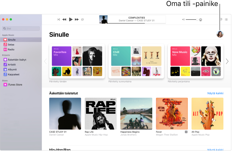 Apple Music ‑ikkuna, jossa näkyy Sinulle-osio. Oman tilin painike (näyttää valokuvalta tai nimikirjaimilta) on ikkunan oikeassa yläkulmassa.